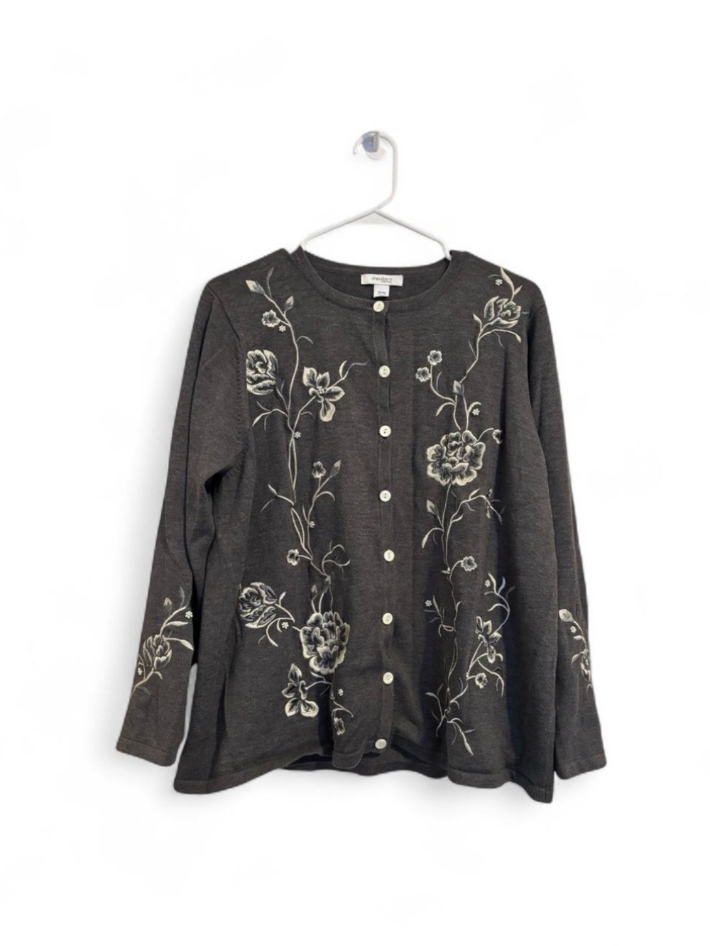Vintage DressBarn Gray Floral Embroidered Cardigan Sweater